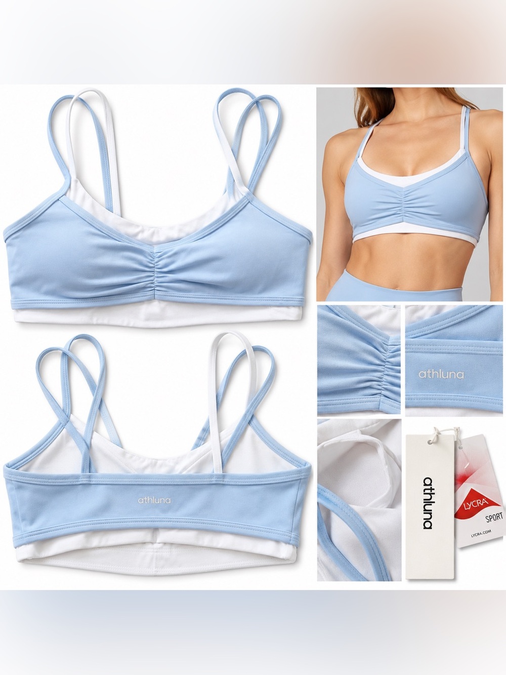 Athluna Light Blue Double-Strap Sports Bralette with White Trim